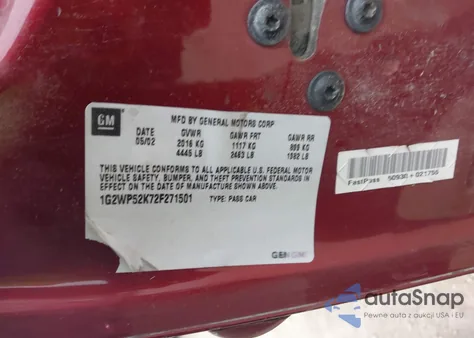 2002 Pontiac Grand Prix Gt z USA, uszkodzony, nr VIN 1G2WP52K72F271501